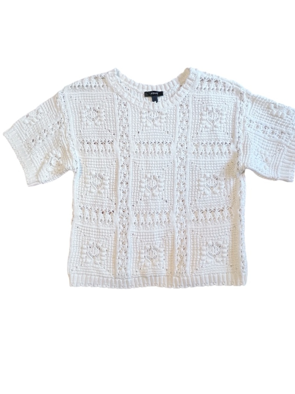 Aqua Open-Knit Short Sleeve Sweater Top in White - Picture 7 of 9